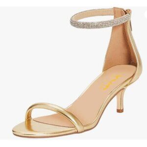 XYD Gold Low Heel Rhinestones Ankle Strap Sandals Open Toe Back Zipper Shoes